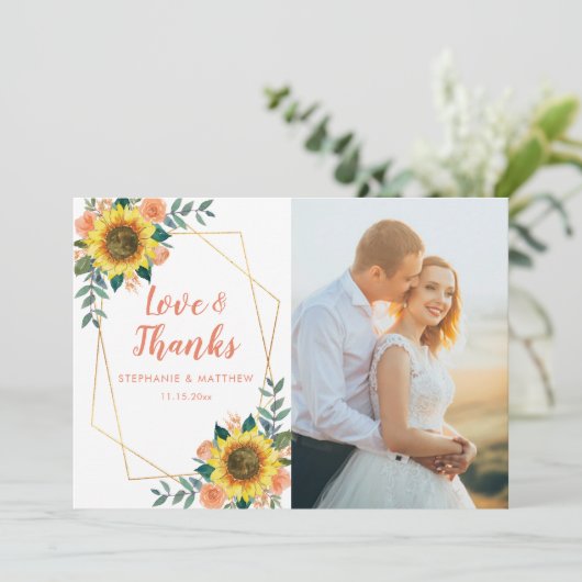 Sonnenblumen Peach Rose Geometrisches HochzeitsFot Dankeskarte (Stehend Vorderseite)