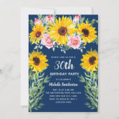 Sonnenblumen Pink Roses Navy Blau 30. Geburtstag Einladung (Vorderseite)