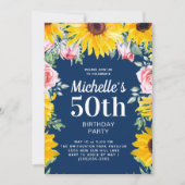 Sonnenblumen Pink Roses Navy Blue 50. Geburtstag Einladung (Vorderseite)