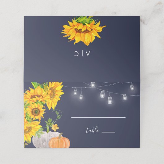 Sonnenblumen Pumpkins Mit Monogramm rustikale Hoch Platzkarte (Außenseite Aufgefaltet)