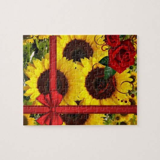 Sonnenblumen Puzzles Rote Rose Red Bow (Horizontal)