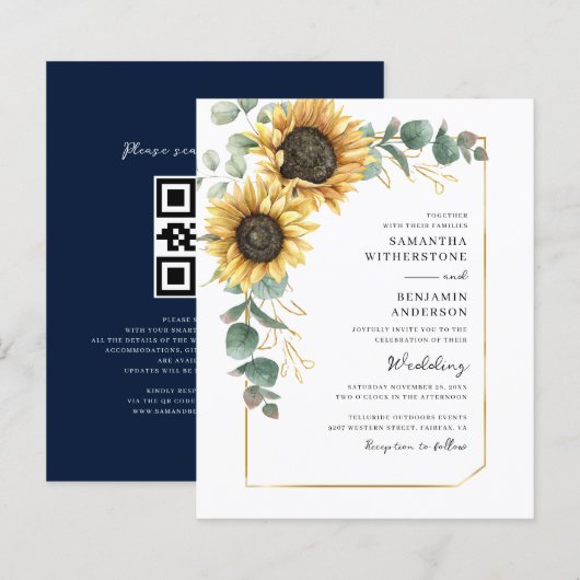 Sonnenblumen-QR-Code-Hochzeits-Einladungskarte (Vorne/Hinten)