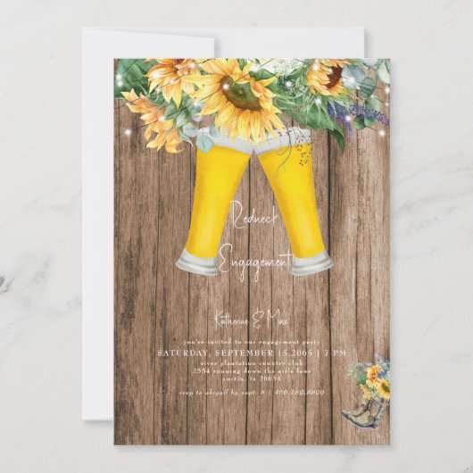 Sonnenblumen Redneck Boots Wood Engagement Party Einladung (Vorderseite)