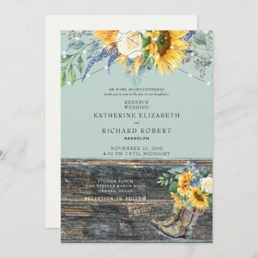 Sonnenblumen Redneck Holz Stiefel Licht Einladung (Vorne/Hinten)