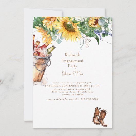 Sonnenblumen Redneck Stiefel Eimer der Bier-Verlob Einladung (Vorderseite)