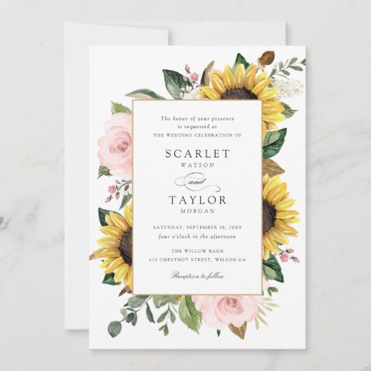 Sonnenblumen Rosa Blume Grüne Hochzeit Einladung (Vorderseite)