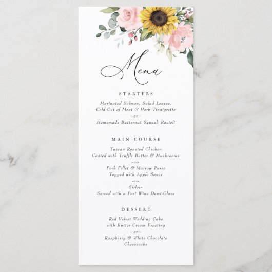 Sonnenblumen Rosa Blumengrün Hochzeitsmenü Menükarte (Vorderseite)