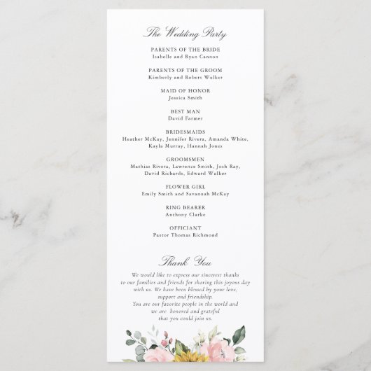 Sonnenblumen Rosa Blütenfarben Romantische Hochzei Programm (Rückseite)