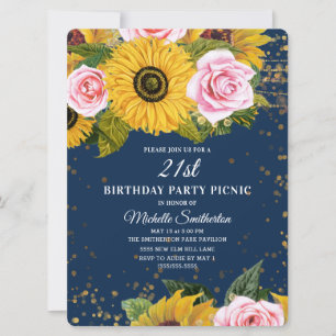 Sonnenblumen Rosa Rosen Gold Glitter 21. Geburtsta Einladung
