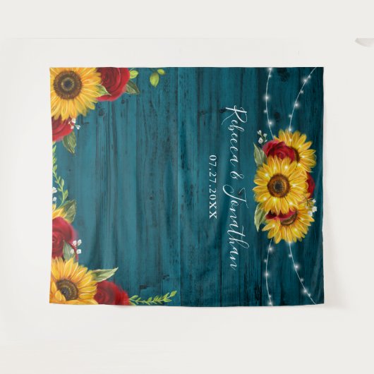 Sonnenblumen Rose Aquamarines Holz Rustikale Hochz Wandteppich (Vorderseite (Horizontal))