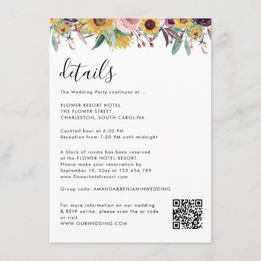 Sonnenblumen-Rose Burgund Rustikale QR-Hochzeit Begleitkarte (Vorderseite)