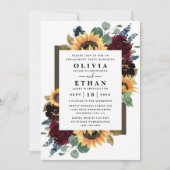 Sonnenblumen-Rose Burgundy Blue Engagement Party Einladung (Vorderseite)