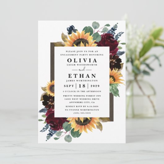 Sonnenblumen-Rose Burgundy Blue Engagement Party Einladung (Stehend Vorderseite)