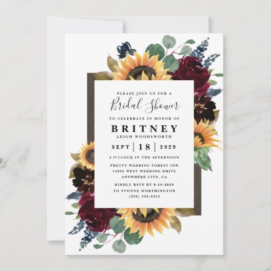 Sonnenblumen-Rose Burgundy Navy Blue Brautparty Einladung (Vorderseite)