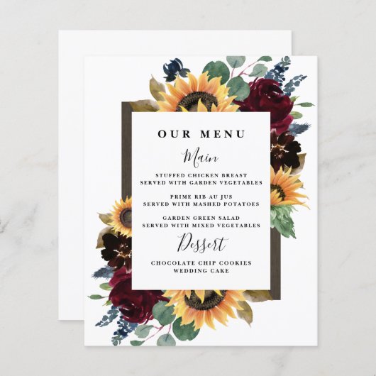 Sonnenblumen-Rose Burgundy Navy Blue Wedding Menu (Vorne/Hinten)