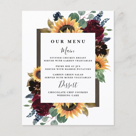 Sonnenblumen-Rose Burgundy Navy Blue Wedding Menu (Vorderseite)