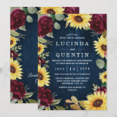 Sonnenblumen Rose Burgundy Red und Navy Blue Weddi Einladung (Vorne/Hinten)