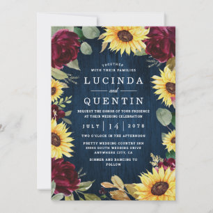 Sonnenblumen Rose Burgundy Red und Navy Blue Weddi Einladung