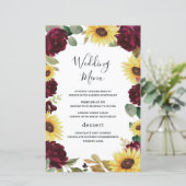 Sonnenblumen-Rose Burgundy Red Wedding Menu Cards (Stehend Vorderseite)