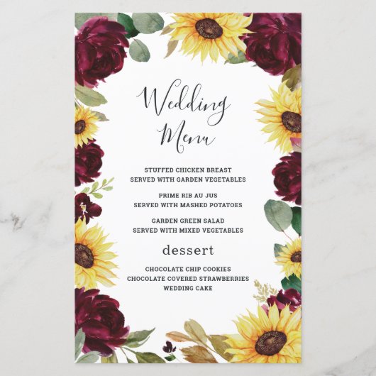 Sonnenblumen-Rose Burgundy Red Wedding Menu Cards (Vorderseite)