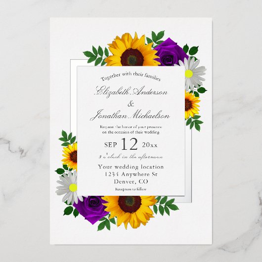 Sonnenblumen Rose Daisy Herbstblütenhochzeit Folieneinladung (Vorderseite)
