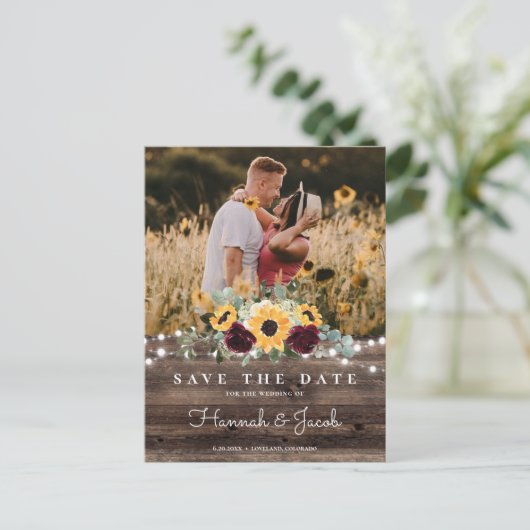 Sonnenblumen Rose Foto Wood Save the Date Hochzeit Ankündigungspostkarte (Stehend Vorderseite)