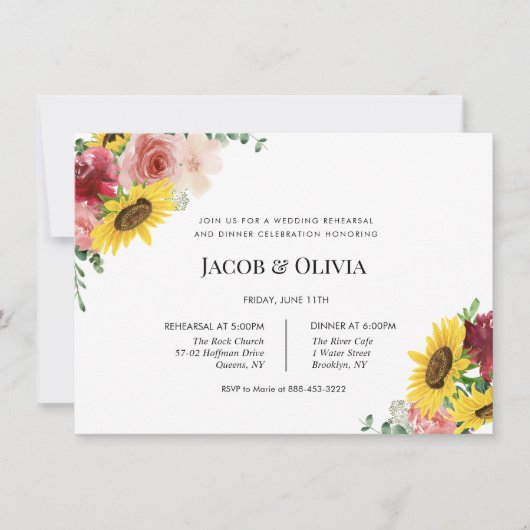 Sonnenblumen Rose Hochzeit Probe Dinner einladen Einladung (Vorderseite)