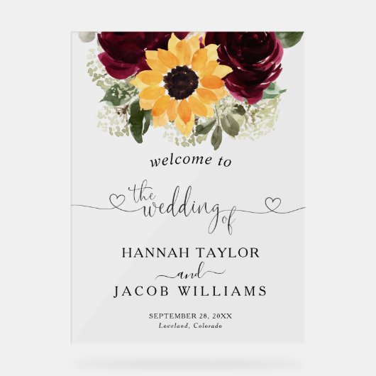Sonnenblumen-Rose Hochzeitsempfang Acrylschild (Vorderseite)