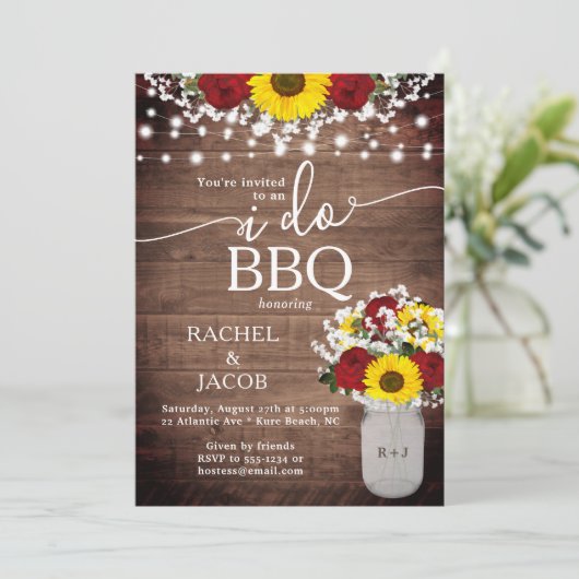 Sonnenblumen Rose Mason Jar I GRILLEN Verlobung Einladung (Stehend Vorderseite)