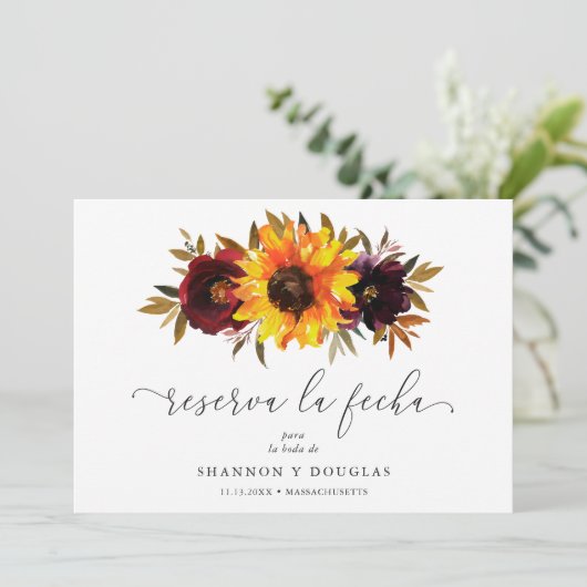 Sonnenblumen Rose Rot Lila Rustikaler Fall Spanisc Save The Date (Stehend Vorderseite)