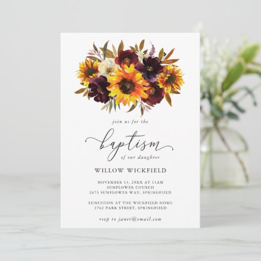Sonnenblumen Rose Roter Lila Rustikaler Fall Taufe Einladung (Stehend Vorderseite)