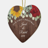 Sonnenblumen Rose Rustikal Unser erstes Weihnachts Keramik Ornament (Links)