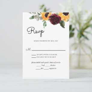 Sonnenblumen Rose Rustikale Hochzeit mit Speisen RSVP Karte