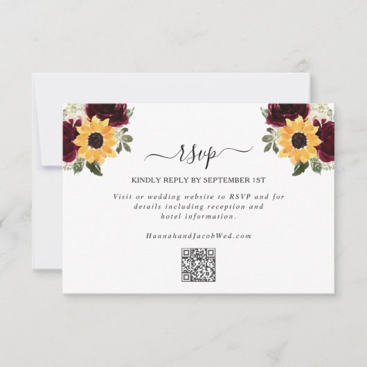 Sonnenblumen-Rose Rustikale QR-Hochzeit RSVP Karte (Vorderseite)
