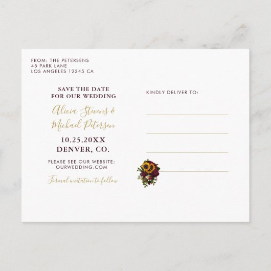 Sonnenblumen Rose rustikale Skript rett Datum Hoch Ankündigungspostkarte (Rückseite)