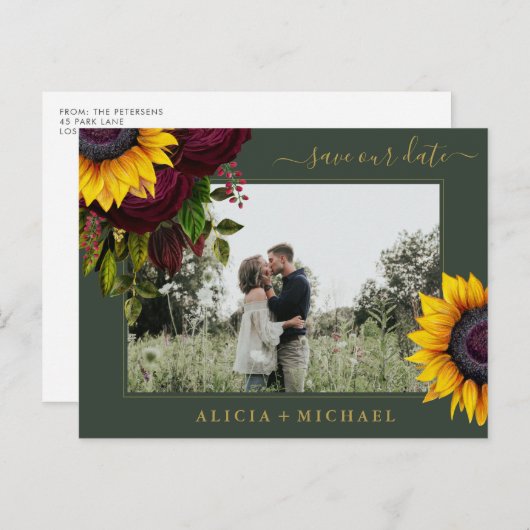 Sonnenblumen Rose rustikale Skript rett Datum Hoch Ankündigungspostkarte (Vorne/Hinten)