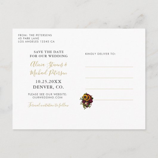 Sonnenblumen Rose rustikale Skript rett Datum Hoch Ankündigungspostkarte (Rückseite)