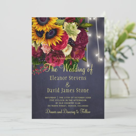 Sonnenblumen Rose rustikale Winterlichter Seefahrt Einladung (Stehend Vorderseite)