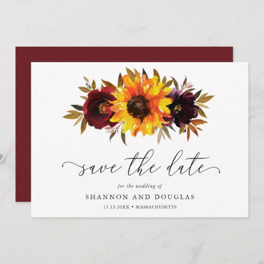 Sonnenblumen Rose Rustikaler Fall Blumen Elegante Save The Date (Vorne/Hinten)
