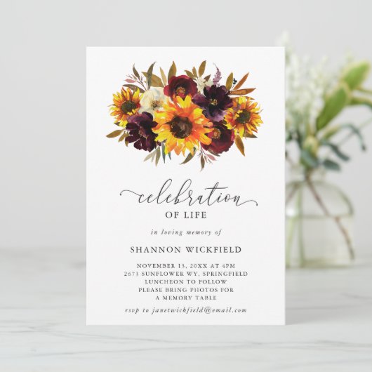 Sonnenblumen Rose Rustikaler Fall Feier des Lebens Einladung (Stehend Vorderseite)