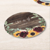 Sonnenblumen-Rose Stallholz-Monogramm-Hochzeit Runder Pappuntersetzer (Angewinkelt)