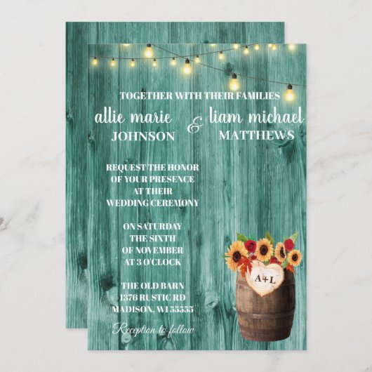 Sonnenblumen & Rose Whiskey Barrel Hochzeit Einlad Save The Date (Vorne/Hinten)