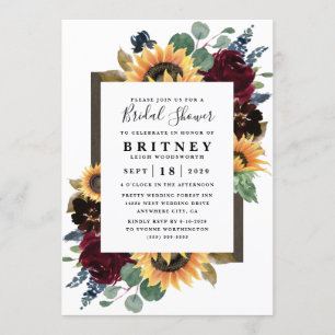 Sonnenblumen-Rosen Burgund Navy Blau Brautparty Einladung