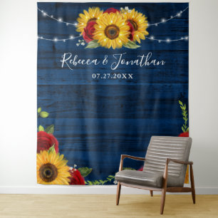 Sonnenblumen-Rosen-Navy-Holz-Rustikale Hochzeitsku Wandteppich