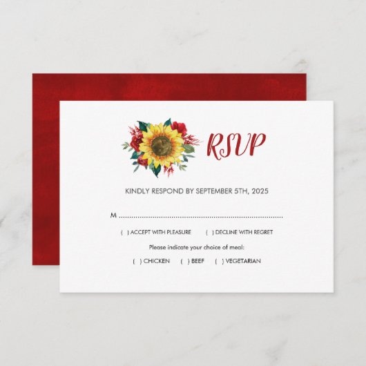 Sonnenblumen Rote Rose Blumenmahlzeiten Hochzeit RSVP Karte (Vorne/Hinten)