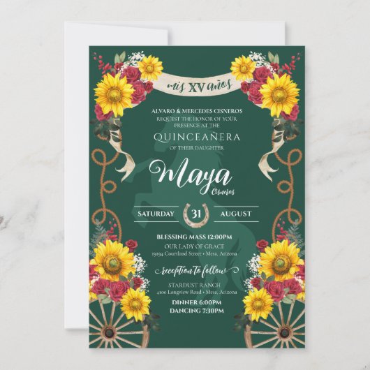 Sonnenblumen Rote Rose Emerald Charro Quinceanera Einladung (Vorderseite)