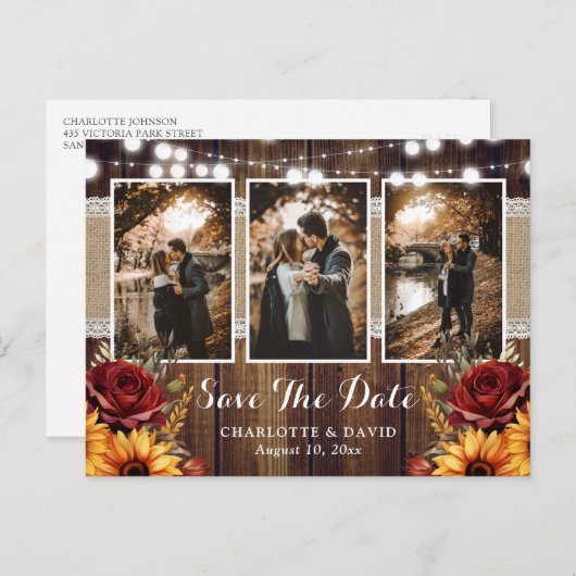 Sonnenblumen Rote Rose Rustic Wood Wedding Foto Ankündigungspostkarte (Vorne/Hinten)