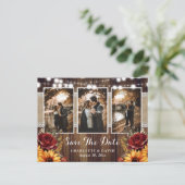 Sonnenblumen Rote Rose Rustic Wood Wedding Foto Ankündigungspostkarte (Stehend Vorderseite)