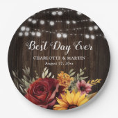 Sonnenblumen Rote Rose Rustikale Landwaldhochzeit Pappteller (Vorderseite)