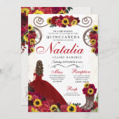 Sonnenblumen Rote Rosen Cowgirl Western Quinceaner Einladung (Vorne/Hinten)